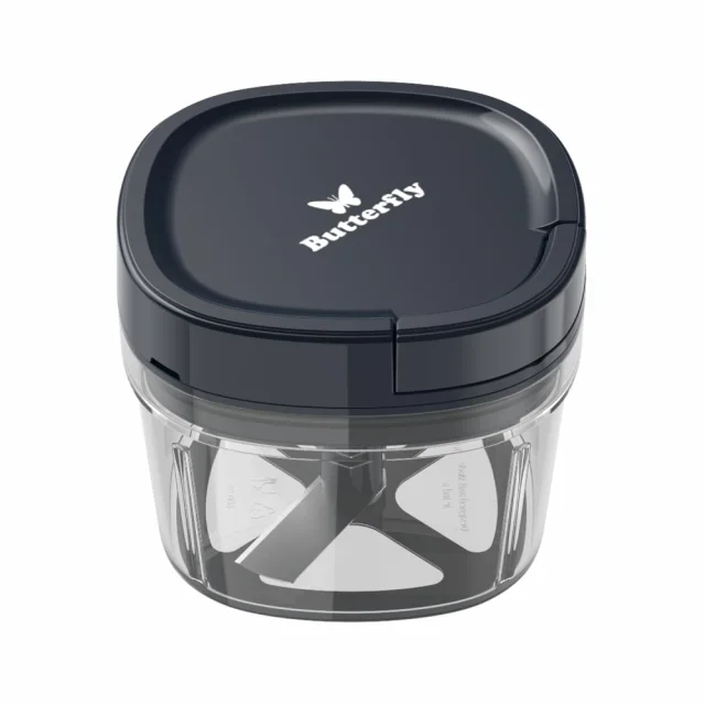 Butterfly Mini Chopper 600 ml Blue Manual Vegetable Chopper with 3 Stainless Steel Blades, Food-Safe Body & Non-Skid Base