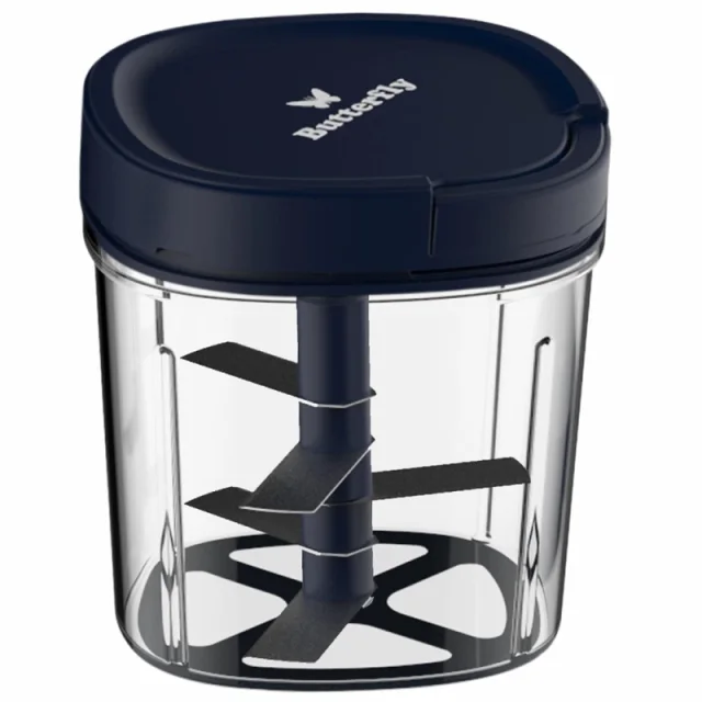 Butterfly Mini Chopper 900 ml Blue Manual Vegetable Chopper with 5 Stainless Steel Blades, Food-Safe Body & Non-Skid Base