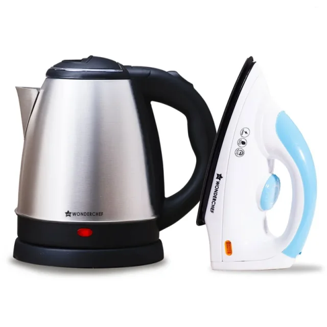 Wonderchef Crescent 1.5L 1350W Electric Kettle + Swift 1000W Dry Iron Combo, Stainless Steel Kettle, Non-Stick Soleplate