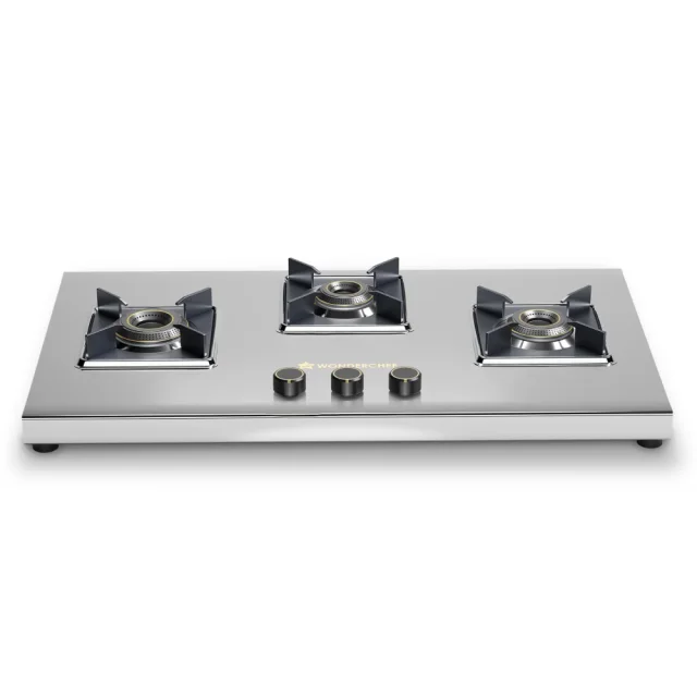 Wonderchef Inox 3 Brass Burner Manual Hobtop, 2mm Stainless Steel, LPG, Spill-Proof Design