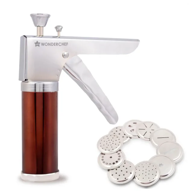 Wonderchef Snacks Maker with 12 Jalis, Stainless Steel Manual Press for Sev, Bhujiya, Chakli, Murukku & Papdi