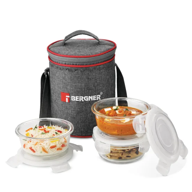 Bergner Acadia 4pcs Lunch Bag Set (3 Glass Container + 1 Lunch Bag) 400ml x 3 Borosilicate Glass, Acacia Wood Lid BGIN-6490