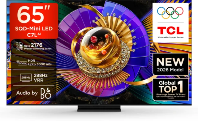TCL 65 Inch 4K SQD-Mini LED Google TV with 144Hz, 1152 Dimming Zones, Dolby Vision IQ & Bang & Olufsen Audio 65C7L