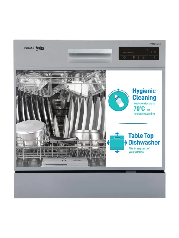 Voltas Beko DT8S 8 Place Settings Table Top Dishwasher with Inbuilt Heater, 6 Wash Programs, 8 L Water Consumption, Silver