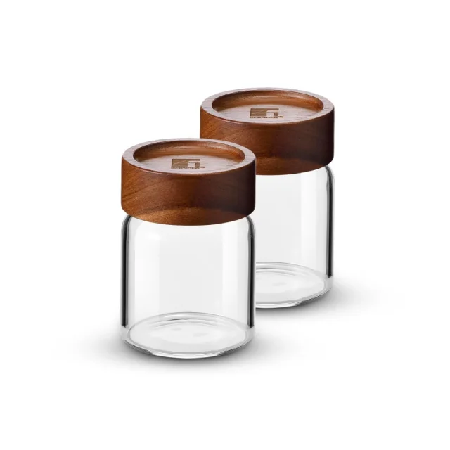Bergner Acadia Acadia Striped Glass Jar 2Pcs 200ml x 2 Borosilicate Glass, Acacia Wood Lid BG-20558-MM