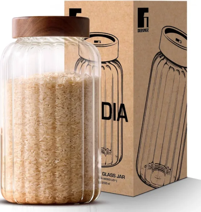 Bergner Acadia Acadia Striped Glass Jar 2.6L Borosilicate Glass, Acacia Wood Lid BG-20550-MM