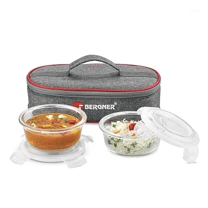 Bergner Acadia 3pcs Lunch Bag Set (2 Glass Container + 1 Lunch Bag) 400ml x 2 Borosilicate Glass, BGIN-6491