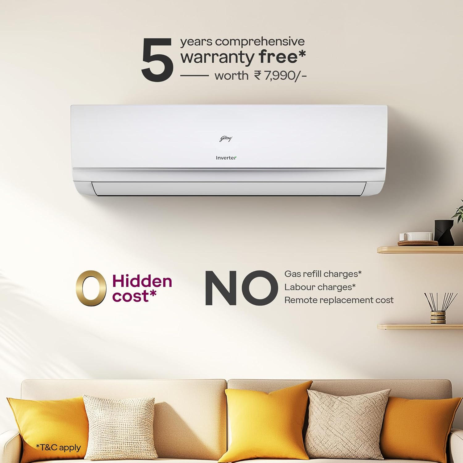 Godrej 1 Ton 3 Star, Wi-Fi, AI Powered, 5 Years Comprehensive Warranty, 5-In-1 Convertible Cooling, 4 Way Air Swing, Inverter Split AC (Copper, 2025 Mode, AC 1T EI 12TINV3R32 WYQ IOlT, White)