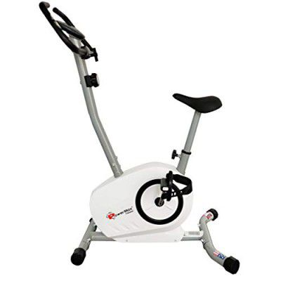 "PowerMax Fitness BU-515-AL502 Steel Magnetic Exercise Upright Bike, Grey, White"