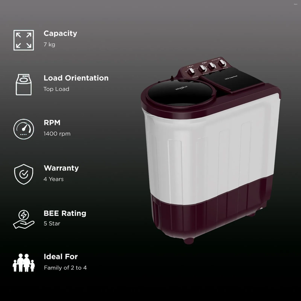 Whirlpool 7 Kg 5 Star Semi- Automatic Washing Machine with Soak Technology (Ace Supreme Pro, 30298)