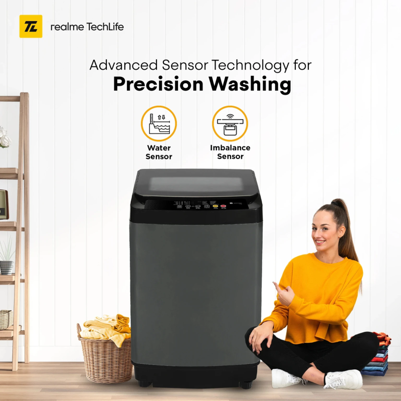 realme TechLife 7 kg 5 Star Rating Fabric Safe Wash Fully Automatic Top Load Black, Grey (RMTL705NNNEG)