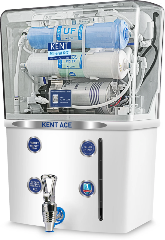 KENT Ace 8 L RO + UF + TDS Control + UV LED Water Purifier Advanced RO Tech for Sabse Shudh Paani Auto Flush 8L 20 LPH Ideal for Borewell/Tanker/Municipal Water Largest Service Network