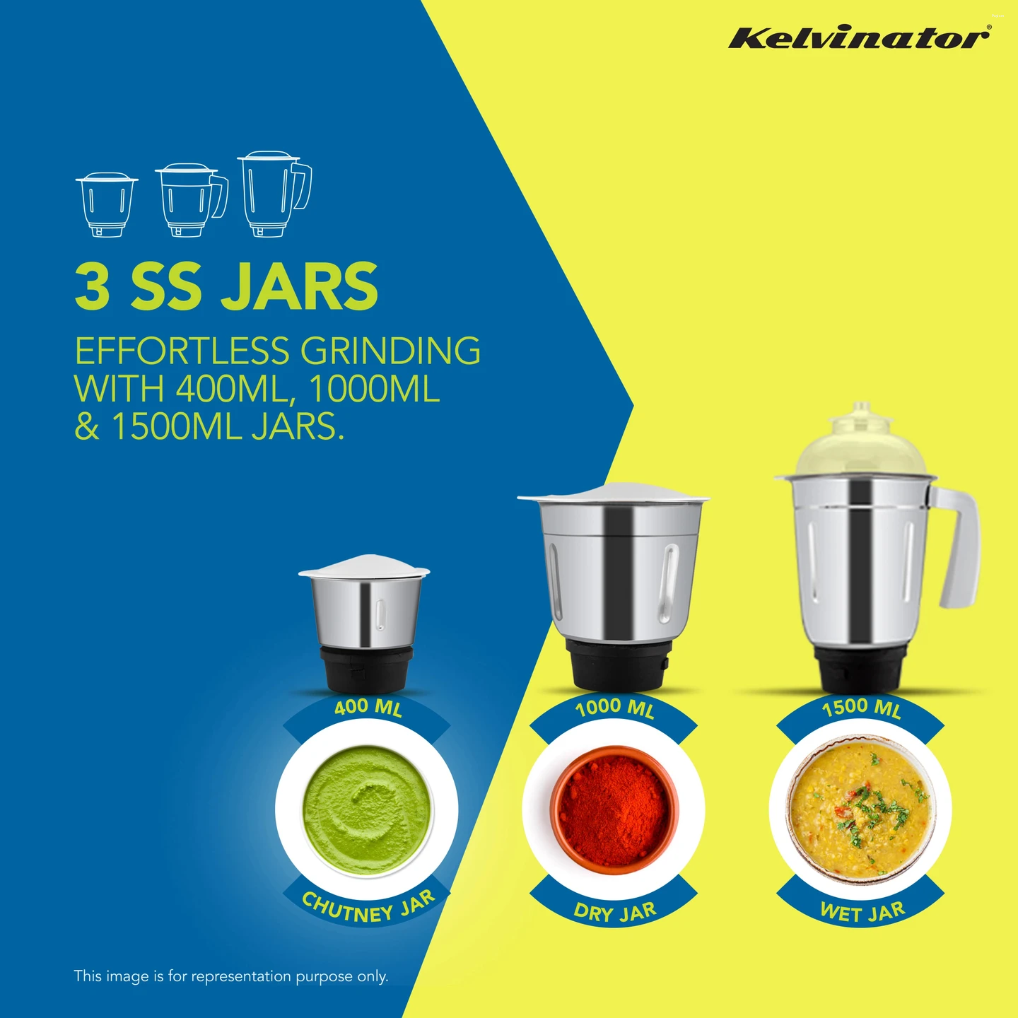 Kelvinator Magnifico 550 W Mixer Grinder (Magnifico 355 KMG00355 550 W Copper Motor Mixer Grinder | 3 Jars | White with Blue)