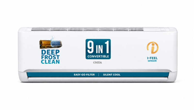 ONIDA 2026 Model 1.5 Ton 3 Star Split Inverter 9-in-1 Convertible, Stabilizer Free Operation, Deep frost Clean, Silent Cool, Gold Fin Coating 4 Way Swing AC AC
