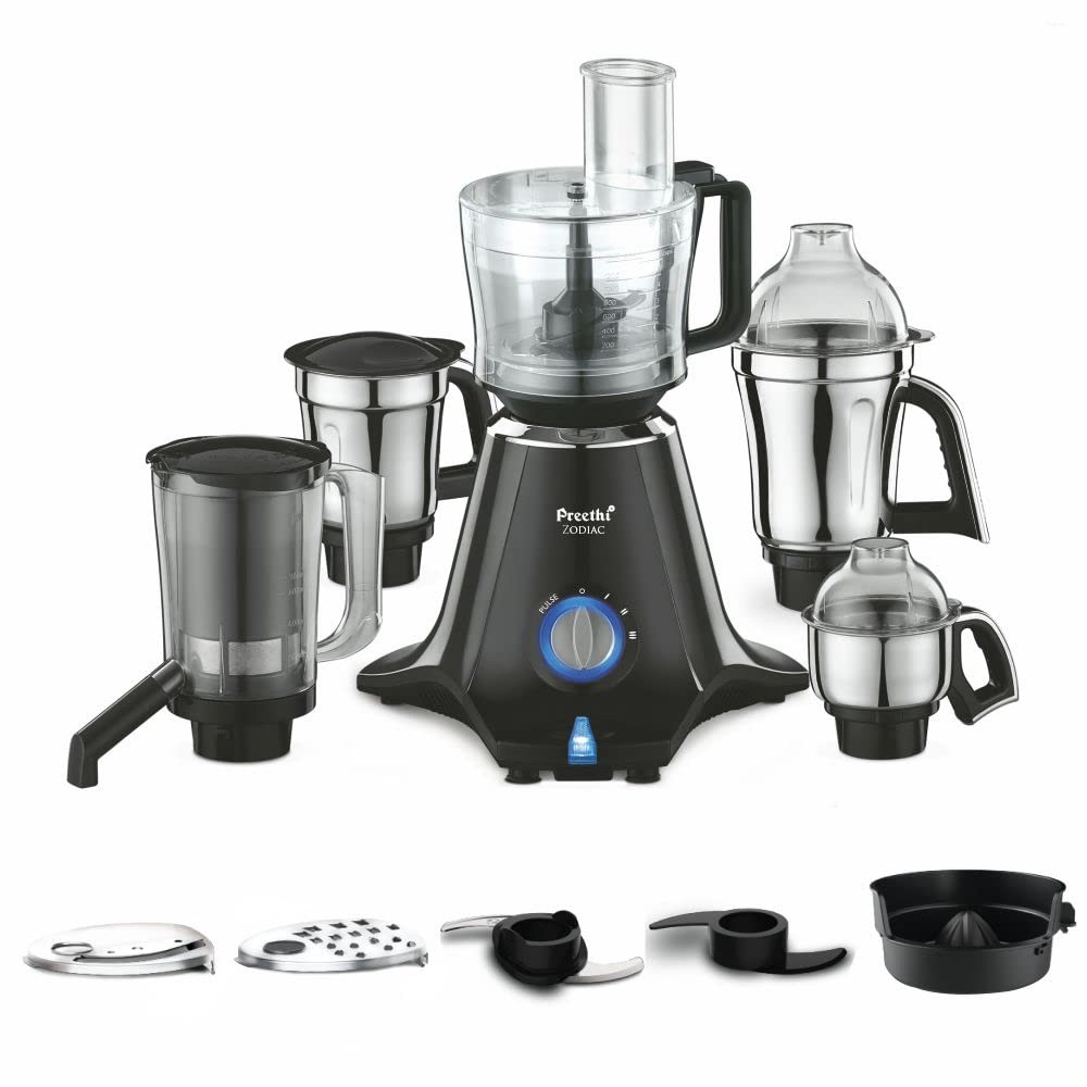 Preethi Zodiac MG-218 mixer grinder, 750 watt, Black/Light Grey, 5 jars - 3 In 1 insta fresh juicer Jar & Master chef food processor Jar, Vega W5 motor