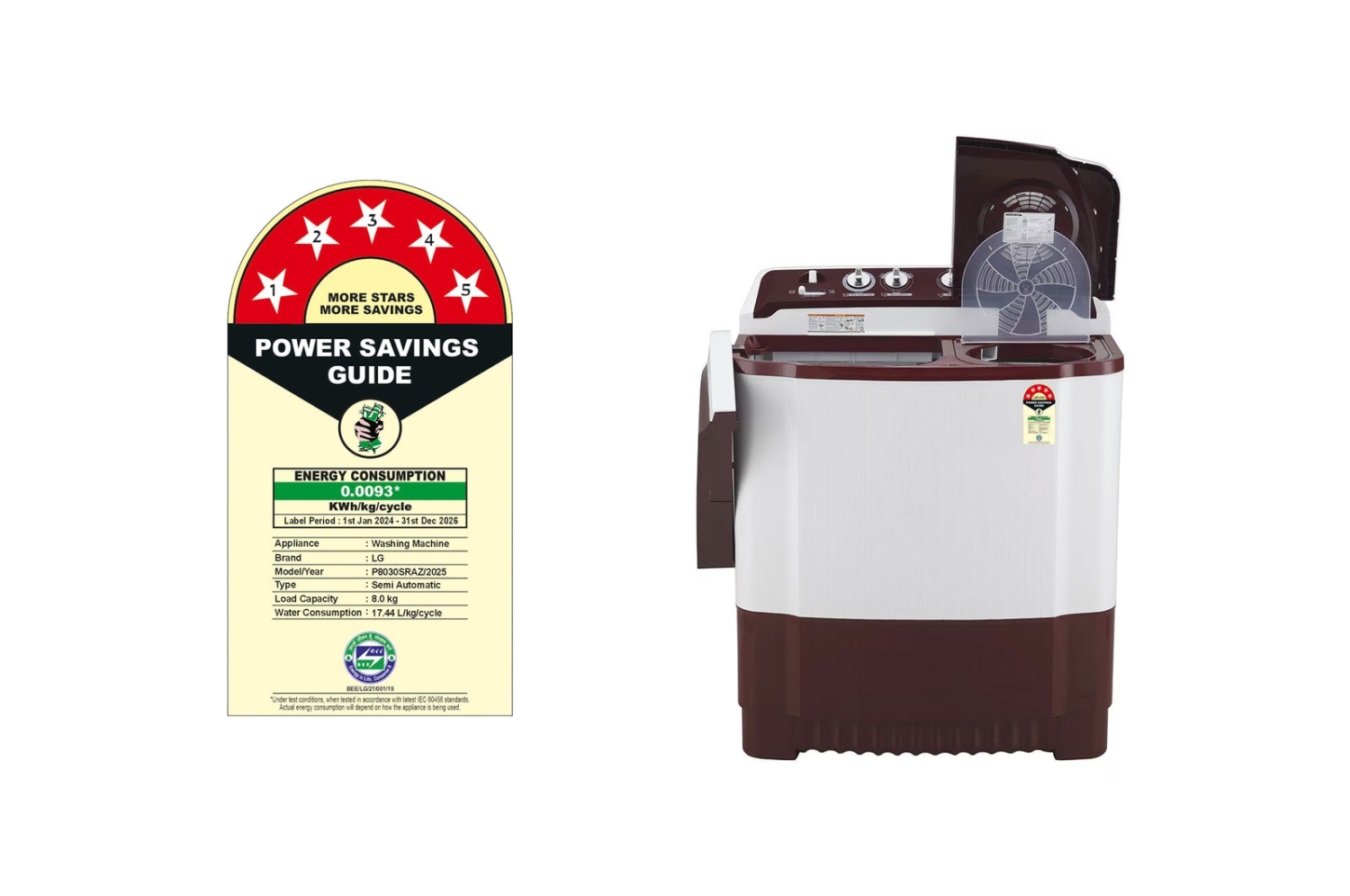 LG 8Kg Semi Automatic Washing Machine, Roller Jet Pulsator + Soak, Burgundy, 5 Star
