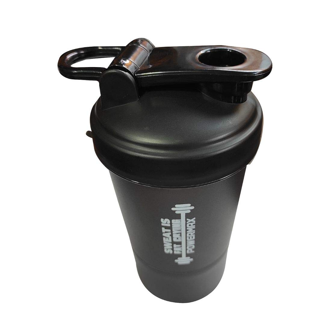 PowerMax Fitness Plastic Protein Shaker Bottle with Twist n' Lock Single Storage (PSB-6S, Black, 600 Milliliters)
