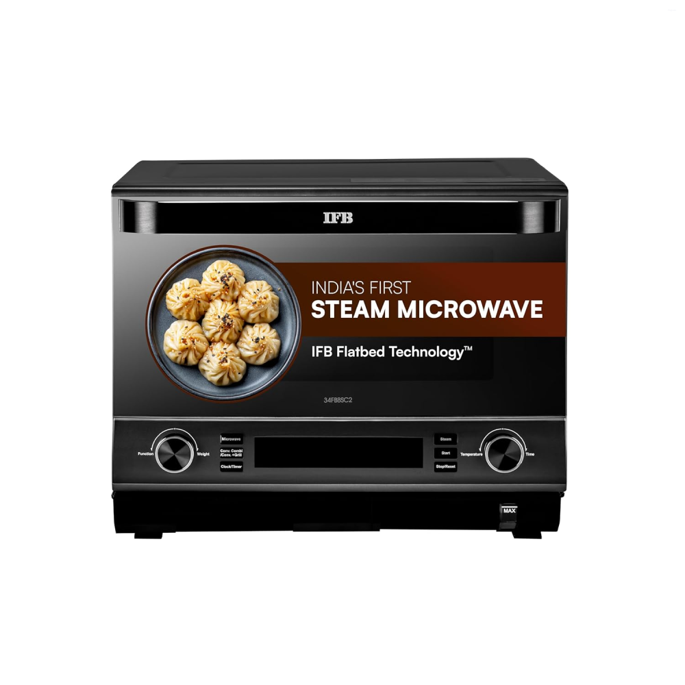 IFB 34 L 1000 W, FlatBed with Inverter Technology, 63 Autocook menus, PowerSteam, 6 Power levels, SelfClean, Steralise mode, LCD Display, Convection Microwave Oven (34FBBSC2, Black)