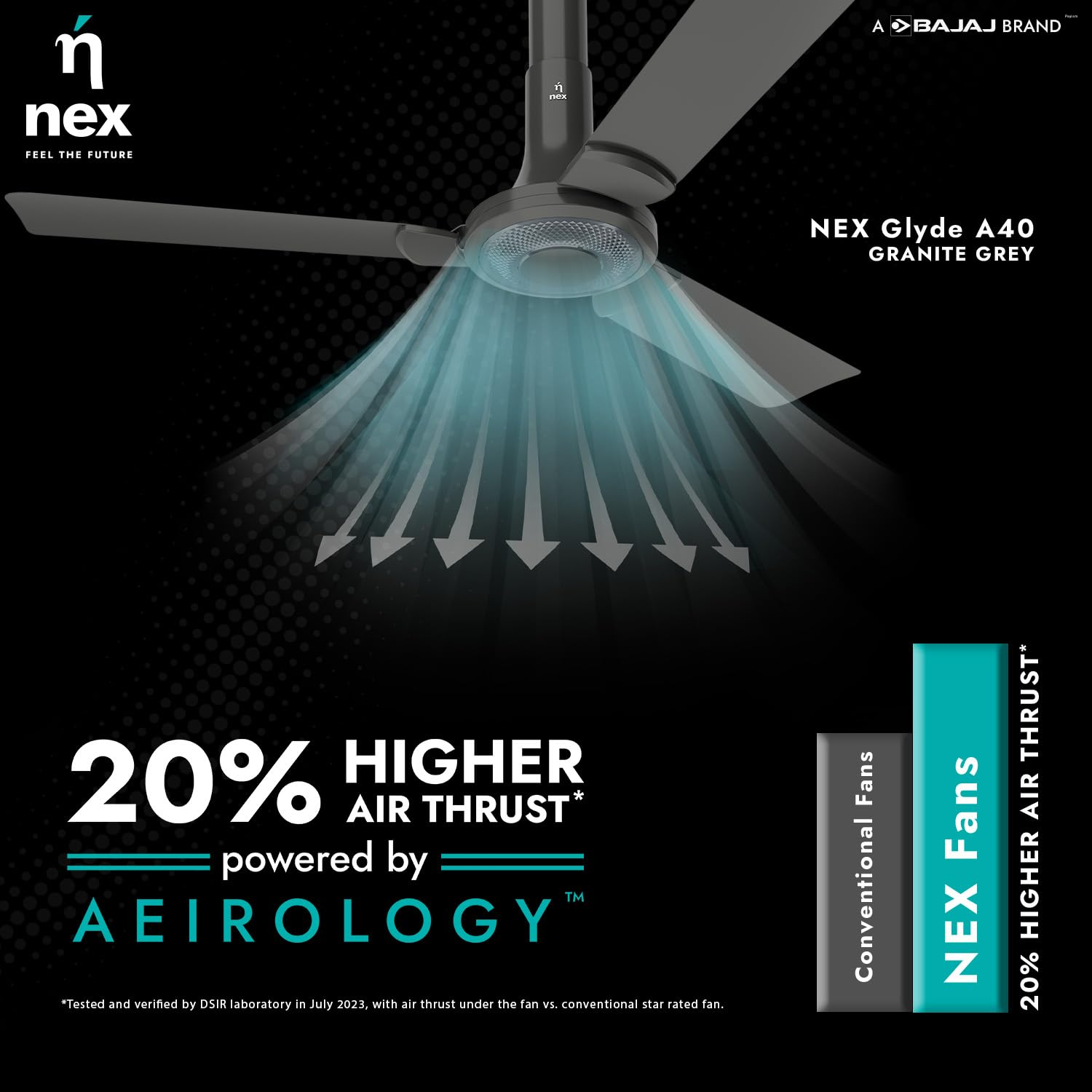 NNEX by BAJAJ Glyde A40 1200 MM | BEE 2 Star Rated Premium Ceiling Fan | 20% Higher Air Thrust* | Airfluence™ Al Blades | Adjustable Downrod | 2-Yr Warranty 【Granite Grey】
