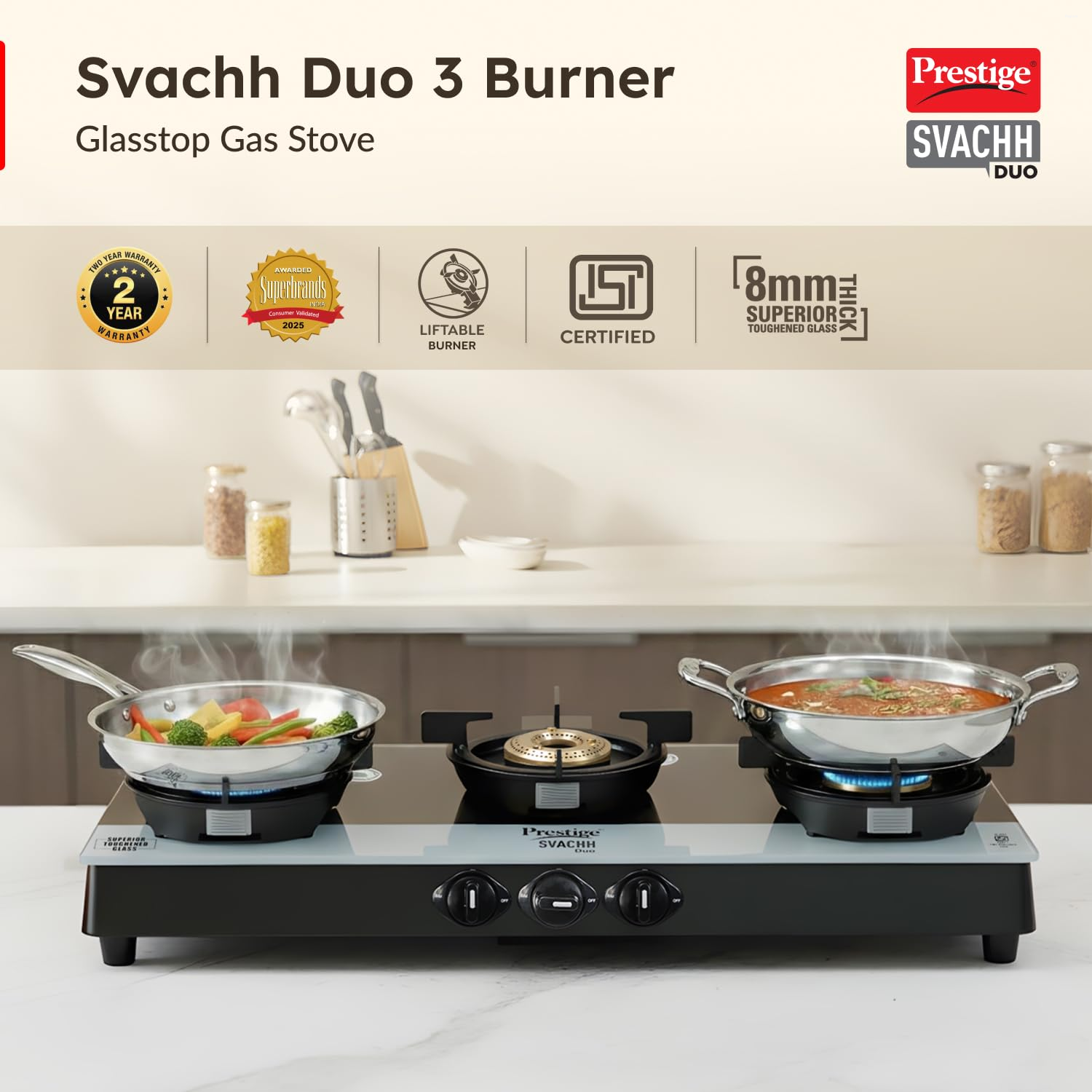 Prestige Svachh Duo Gtsd 03 Toughened Glass With Liftable 3 Burners Gas Stove, Black, Manual Ignition, Tempered Glass