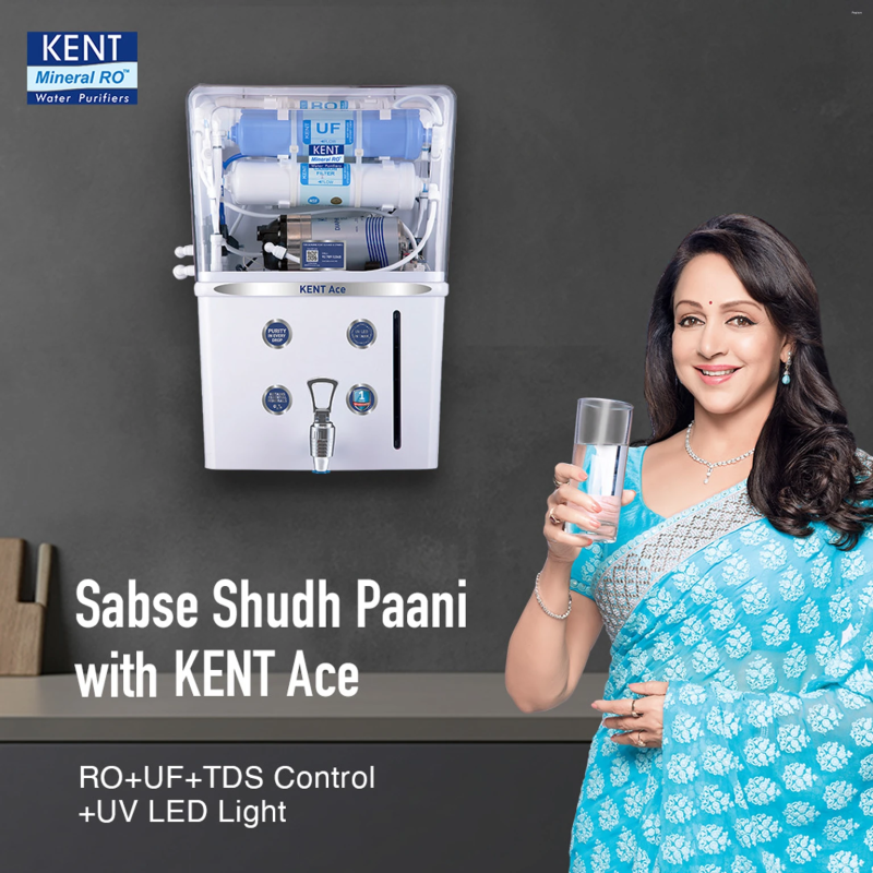KENT Ace 8 L RO + UF + TDS Control + UV LED Water Purifier Advanced RO Tech for Sabse Shudh Paani Auto Flush 8L 20 LPH Ideal for Borewell/Tanker/Municipal Water Largest Service Network