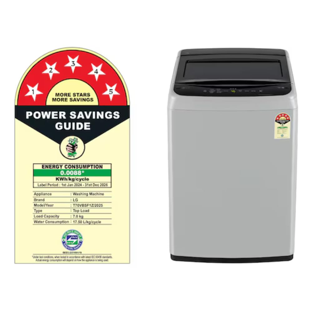 LG 7Kg Top Load Washing Machine T70VBSF1Z | Smart Inverter Motor | TurboDrum™ Wash | 5 Star Energy Rating | Soft Closing Door | Middle Free Silver